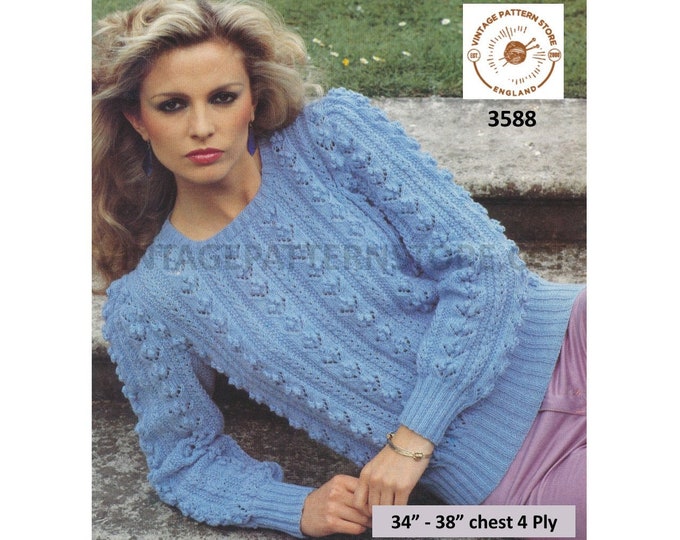 Ladies Womens 80s vintage 4 ply round neck mock cable and lace raglan sweater jumper pullover pdf knitting pattern 34" to 38" Download 3588