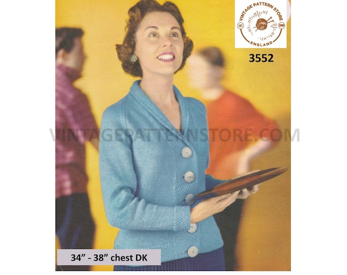 Ladies Womens 50s plain and simple easy to knit shawl collar V neck raglan DK cardigan pdf knitting pattern 34" to 38" chest Download 3552