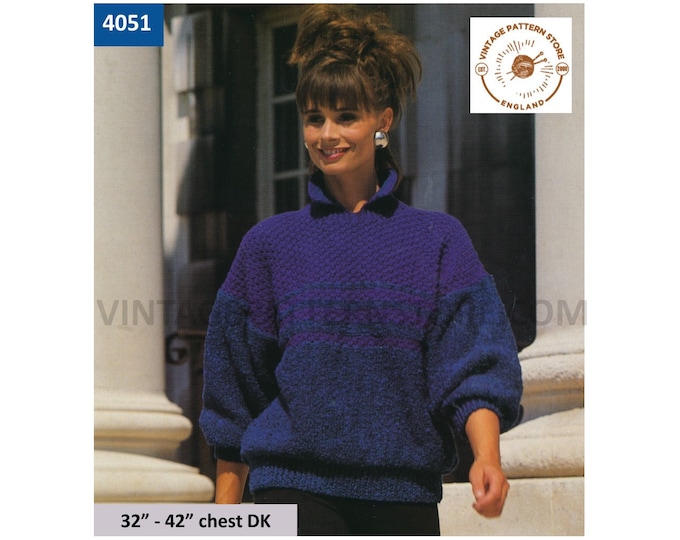 Ladies Womens 90s DK collared textured yoke slouchy dolman sweater jumper pdf knitting pattern 32" to 42" Chest Instant download 4051