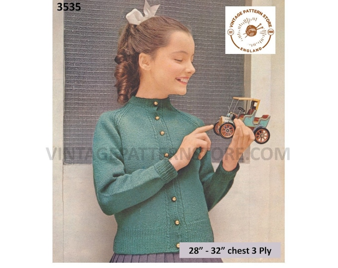 Girls 50s vintage plain and simple easy to knit 3 ply crew neck raglan cardigan pdf knitting pattern 28" to 32" Instant PDF download 3535