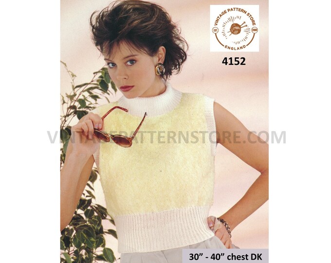 Ladies Womens 90s easy to knit funnel neck sleeveless DK slipover sweater vest Summer top pdf knitting pattern 30" to 40" PDF Download 4152