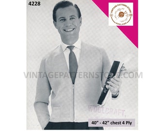 Mens 50s vintage simple easy to knit 4 ply V neck zip up zipped raglan cardigan jacket pdf knitting pattern 40" to 42" Instant Download 4228