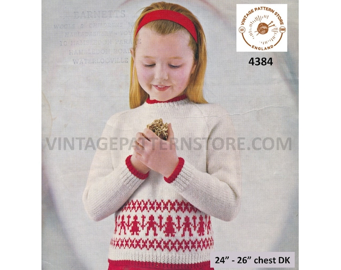 Girls 70s vintage DK round neck intarsia 2 colour raglan sweater jumper pullover PDF knitting pattern 24" to 26" Instant PDF Download 4384