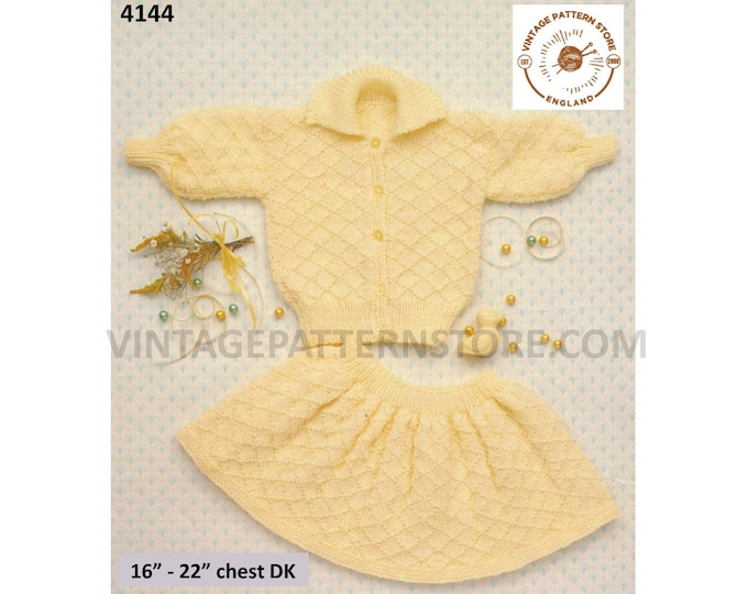 Baby Babies 90s collared lattice textured raglan DK cardigan and skirt pdf knitting pattern 16" to 22" chest Instant PDF Download 4144