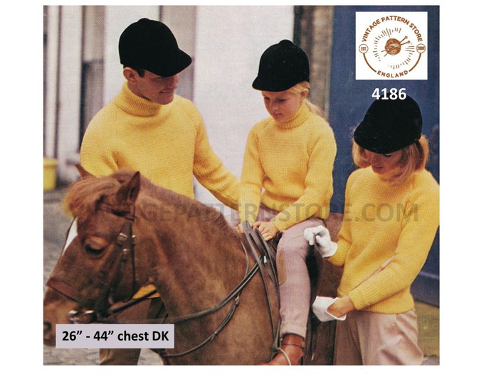 Ladies Womens Mens Boys Girls 60s vintage family polo neck easy to knit DK raglan jumper pdf knitting pattern 26" to 44" Download 4186