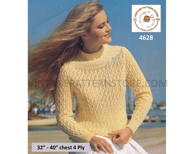 Womens 80s vintage 4 ply round neck lacy eyelet lace contrast yoke raglan sweater jumper pdf knitting pattern 32" to 40" Download 4628