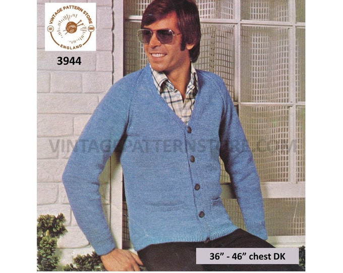 Mens Mans 70 vintage plain and simple easy to knit V neck DK raglan cardigan pdf knitting pattern 36" to 46" chest PDF download 3944