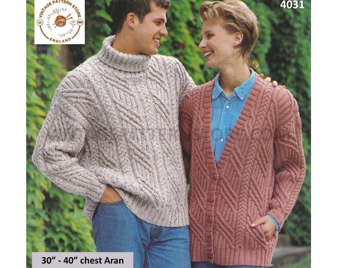 Ladies Womens Mens 90s polo neck drop shoulder cable cabled aran sweater and V neck cardigan pdf knitting pattern 30" to 44" download 4031