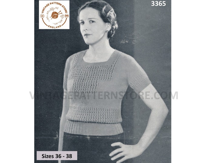 Ladies Womens 30s vintage square neck lace panel lacy yoke short sleeve raglan sweater jumper pdf knitting pattern 36" to 38" Download 3365
