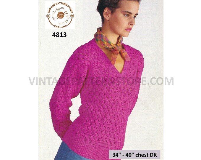 Ladies Womens 90s DK V neck eyelet lace lacy drop shoulder raglan sweater jumper pdf knitting pattern 34" to 40" PDF Download 4813