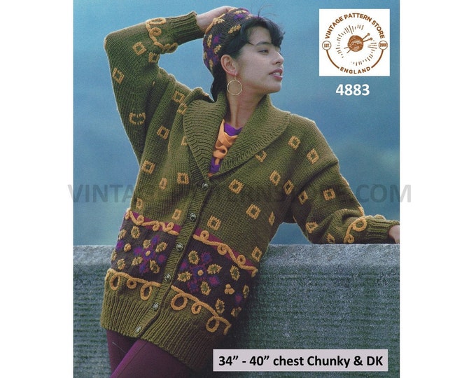 Womens Ladies 90s DK & chunky knit shawl collar floral fair isle drop shoulder dolman jacket pdf knitting pattern 34" to 40" Download 4883
