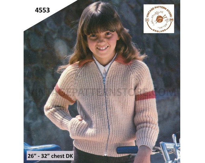 Girls 80s vintage easy to knit plain and simple DK round neck collared zipped raglan jacket pdf knitting pattern 26" to 32" Download 4553