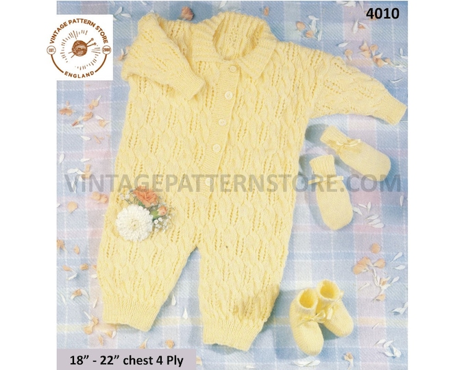 Baby Babies 90s 4 ply cable and lace lacy round neck romper playsuit mittens & booties pdf knitting pattern 18" to 22" PDF download 4010