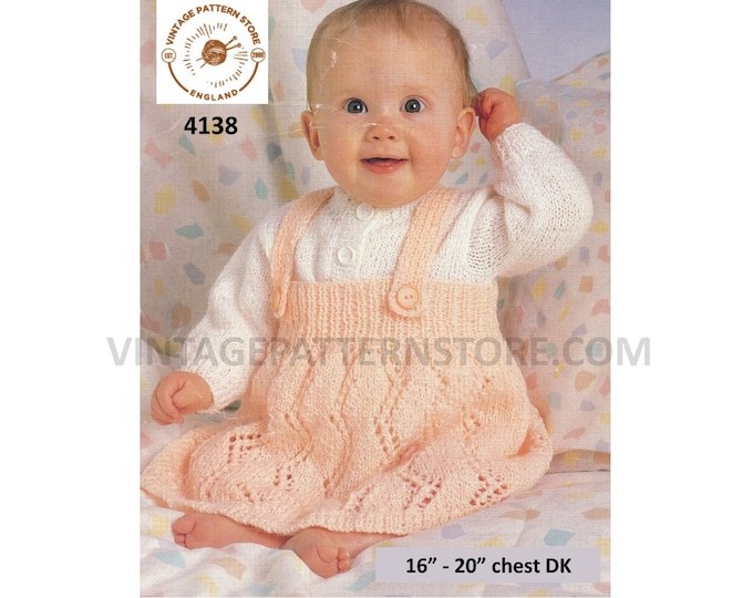 Baby Babies 90s strappy pinafore lacy DK dress and shirt neck raglan sweater jumper pdf knitting pattern 16" to 20" Instant Download 4138