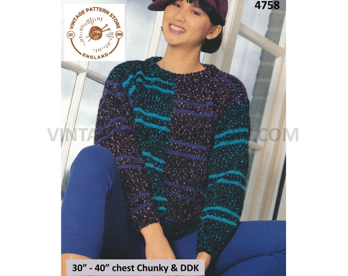 Womens 90s chunky and DDK round neck offset stripe striped drop shoulder dolman sweater jumper pdf knitting pattern 30" to 40" Download 4758