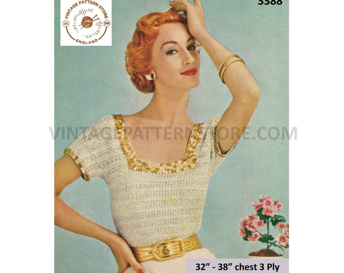 Ladies Womens 50s vintage 3 ply square neck short sleeve slipover sweater vest evening top pdf crochet pattern 32" to 38" PDF download 3388