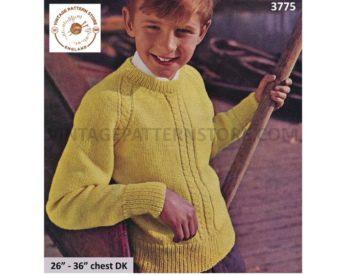 Boys 70s vintage crew neck cable panel cabled raglan DK sweater jumper pullover pdf knitting pattern 26" to 36" Chest Instant download 3775
