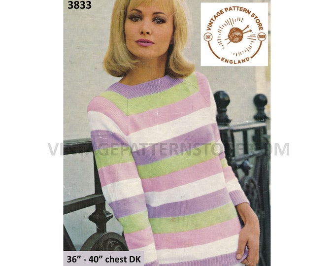 Ladies Womens 70s vintage easy to knit square neck striped raglan sweater jumper pdf knitting pattern 36" to 40" Instant PDF download 3833