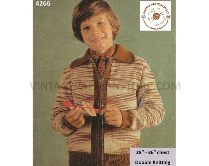 Boys 70s vintage easy to knit DK round neck collared zipped zip up raglan jacket coat pdf knitting pattern 28" to 36" chest Download 4266
