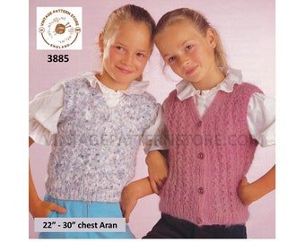 Girls 90s easy to knit V neck aran waistcoat & sleeveless slipover sweater vest pdf knitting pattern 22" to 30" chest PDF download 3885