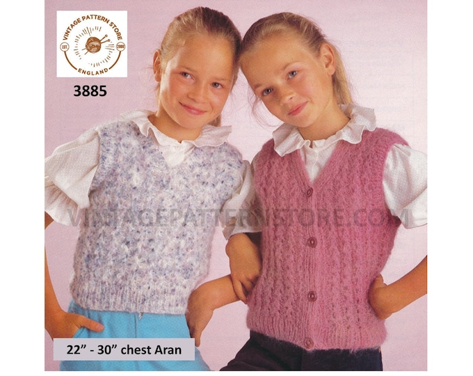 Girls 90s easy to knit V neck aran waistcoat & sleeveless slipover sweater vest pdf knitting pattern 22" to 30" chest PDF download 3885