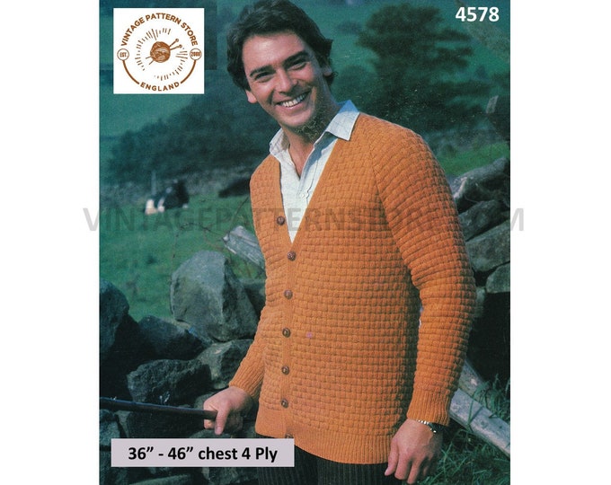 Mens Mans 80s vintage 4 ply V neck textured basket weave enterlac raglan cardigan pdf knitting pattern 36" to 46" chest Download 4578