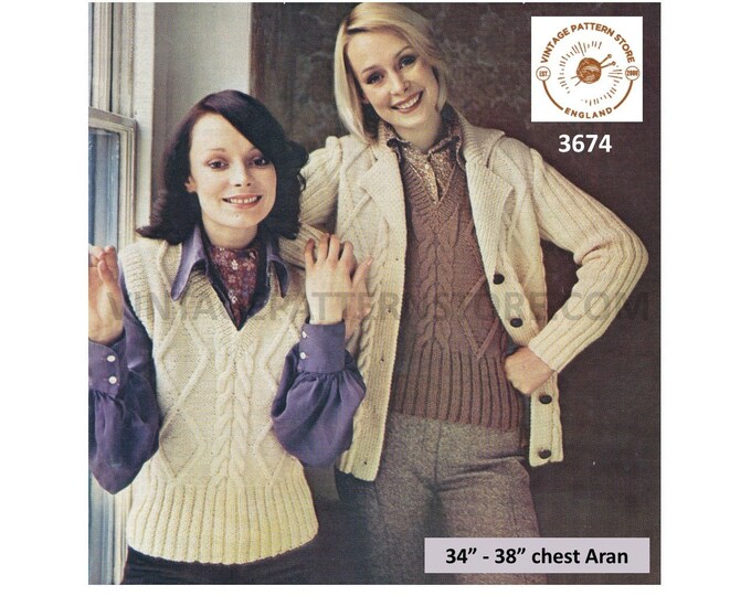 Ladies Womens 80s V neck cable cabled sleeveless sweater vest and collared raglan aran jacket pdf knitting pattern 34" to 38" Download 3674