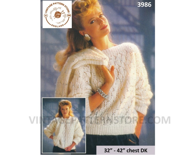 Ladies Womens 90s slash neck lacy eyelet lace drop shoulder DK sweater cardigan jacket pdf knitting pattern 32" to 42" Instant Download 3986