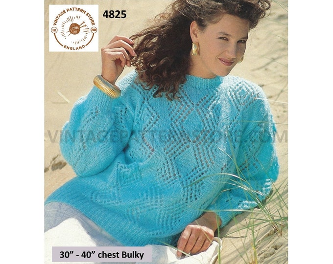 Womens 90s bulky knit round neck eyelet lace panel lacy drop shoulder dolman sweater jumper pdf knitting pattern 30" to 40" Download 4825