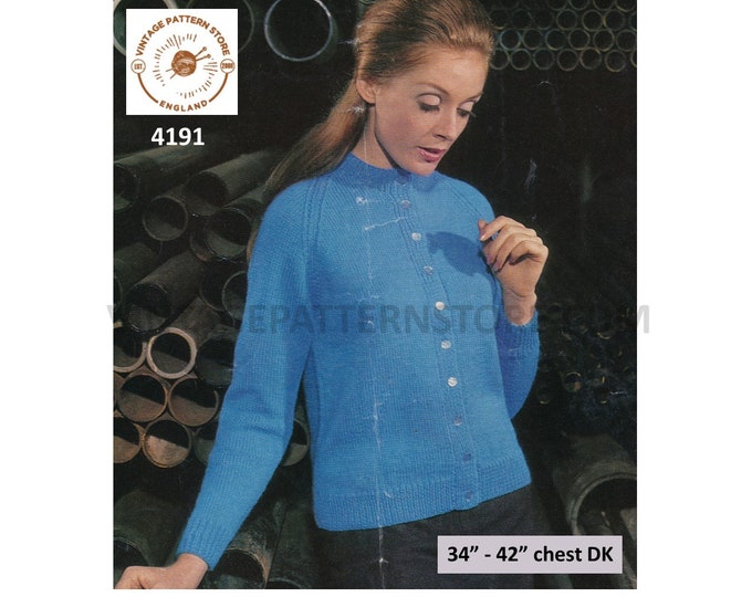 Ladies Womens 60s vintage simple and easy to knit crew neck DK raglan cardigan pdf knitting pattern 34" to 42" chest Instant Download 4191