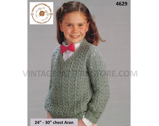 Girls 80s vintage quick and easy to knit V neck lacy raglan aran sweater jumper pdf knitting pattern 24" to 30" instant PDF Download 4629