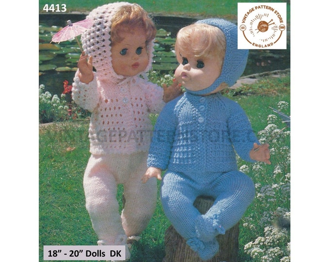 80s vintage 18" 20" DK baby dolls clothes leggings matinee coat bonnet and helmet pdf knitting pattern Instant PDF Download 4413