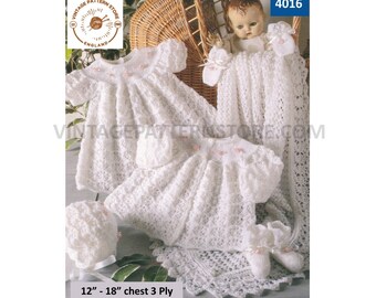 Premature Preemie Baby Babies lacy layette matinee coat dress bonnet booties mittens shawl pdf knitting pattern 12" to 18" Download 4016