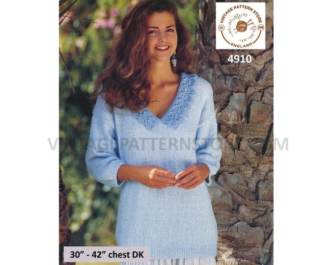 Ladies Womens 90s DK V neck lacy lace collar drop shoulder long line sweater jumper pdf knitting pattern 30" to 42" Instant Download 4910