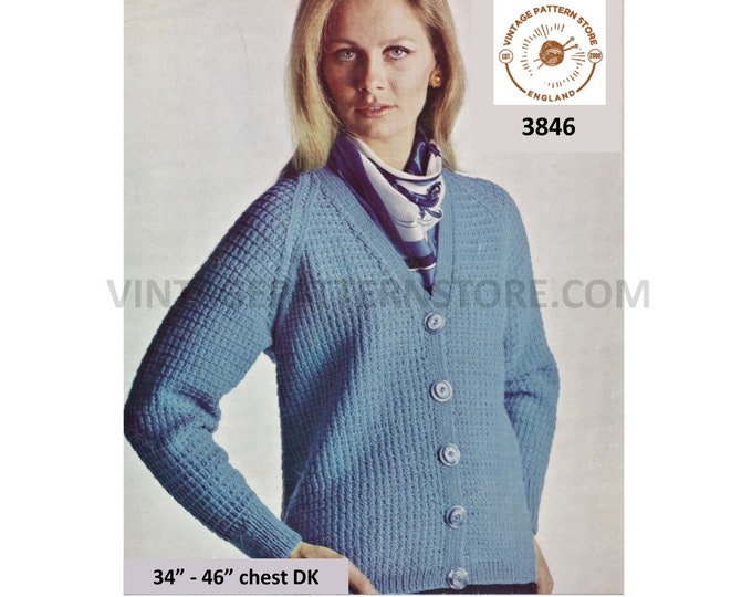 Womens Ladies 70s vintage V neck textured raglan cardigan pdf knitting pattern 34" to 46" chest Instant PDF download 3846
