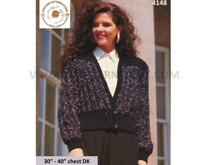 Ladies Womens 90s deep V neck wide ribbed double breasted DK raglan cardigan jacket pdf knitting pattern 30" to 40" chest PDF Download 4148