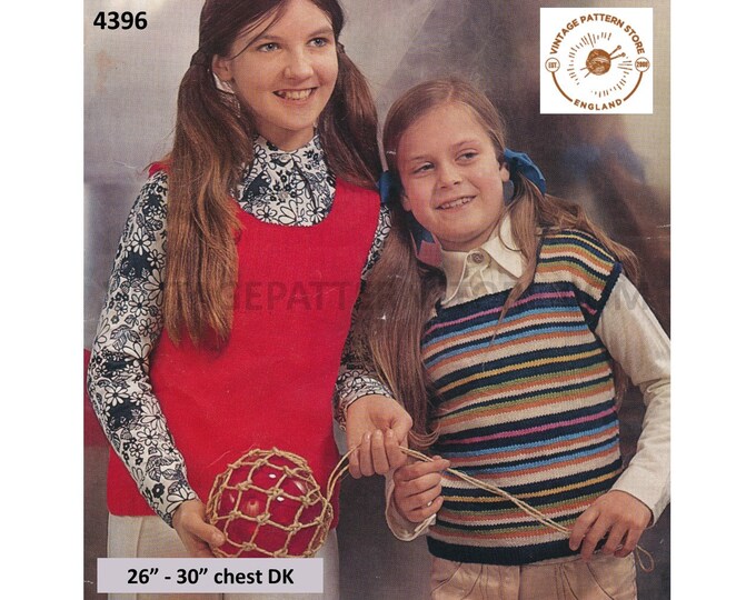 Girls 70s vintage DK scoop neck ribbed and square neck striped slipover sweater vest tank top pdf knitting pattern 26" to 30" Download 4396