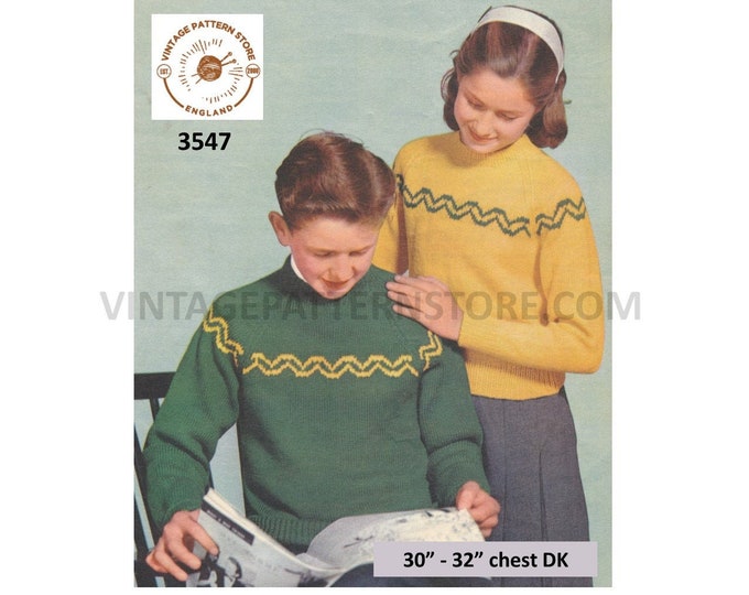 Girls Boys 50s vintage easy to knit DK round neck fair isle raglan sweater jumper pullover pdf knitting pattern 30" to 32" Download 3547
