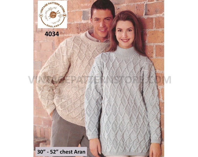 Womens Mens 90s round or funnel neck drop shoulder lattice cable cabled texture aran sweater pdf knitting pattern 30" to 48" Download 4034