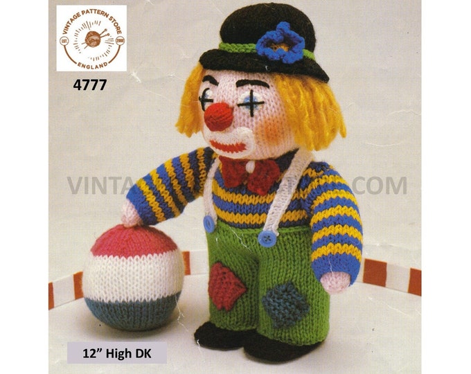 80s vintage fun and easy to knit oddments cuddly toy clown pdf knitting pattern 12" High Instant PDF Download 4777