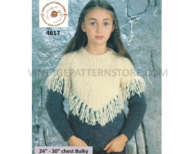 Girls 80s vintage fun easy to knit round neck tassel tasselled raglan sweater jumper waistcoat pdf knitting pattern 24" to 30" Download 4617