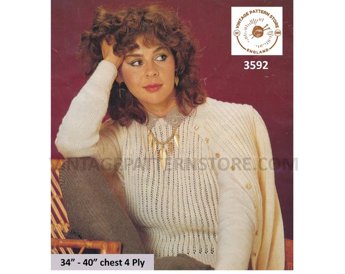 Ladies Womens 80s 4 ply lacy lace striped round neck raglan cardigan sweater jumper twin set pdf knitting pattern 34" to 40" Download 3592