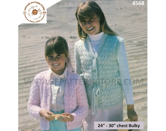 Girls 80s vintage bulky knit V neck textured peplum waistcoat and raglan cardigan pdf knitting pattern 24" to 30" Instant Download 4568