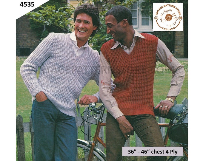 Mens Mans 80s vintage 4 ply V neck textured raglan jumper & sleeveless sweater vest tank top pdf knitting pattern 36" to 46" Download 4535