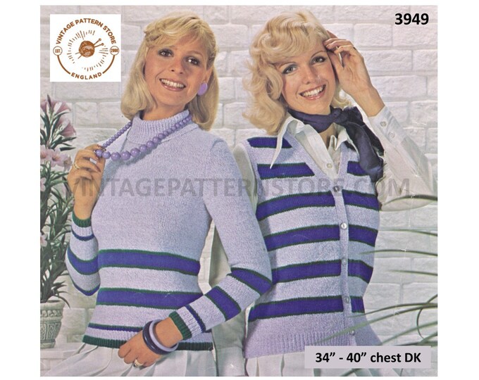 Ladies Womens 70s vintage DK polo neck striped raglan sweater and V neck waistcoat pdf knitting pattern 34" to 40" instant PDF download 3949
