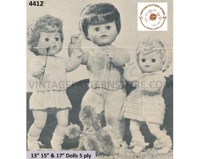 60s vintage 13" 15" 17" 5 ply baby dolls clothes dress bonnet bootees cardigan sweater skirt slacks pdf knitting pattern PDF Download 4412