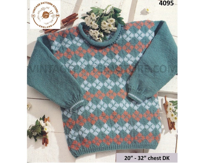 Boys Girls Toddlers 90s roll neck DK raglan fair isle sweater jumper pullover pdf knitting pattern 20" to 32" chest Instant download 4095