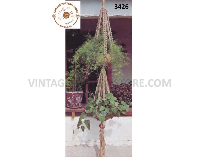 70s vintage double macrame plant hanger pdf macrame pattern, 70s macrame retro Indoor garden gardening 7" feet Long Instant download 3426