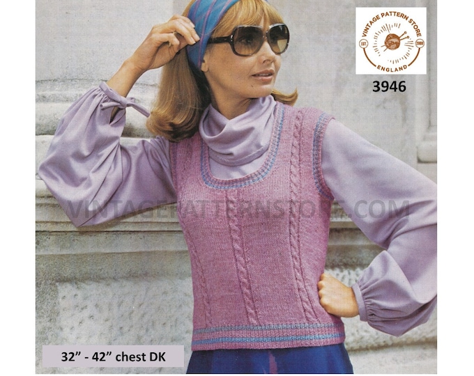 Ladies Womens 70s vintage DK scoop neck cable cabled slipover sweater vest pdf knitting pattern 32" to 42" chest PDF download 3946