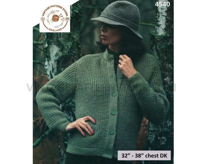 Ladies Womens 80s vintage plain and simple easy to knit DK round neck raglan cardigan pdf knitting pattern 32" to 38" chest Download 4540